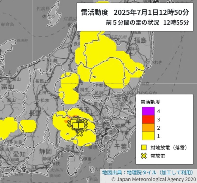 雷活動度（1日午後0時50分、気象庁HPから）