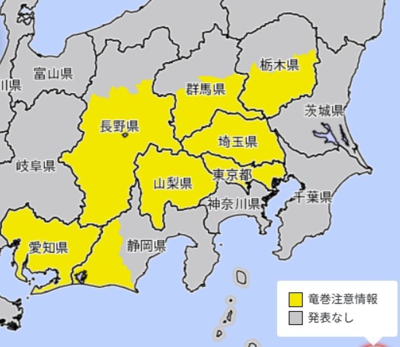 竜巻注意情報が発表されているエリア（1日午後7時6分、気象庁HPから）