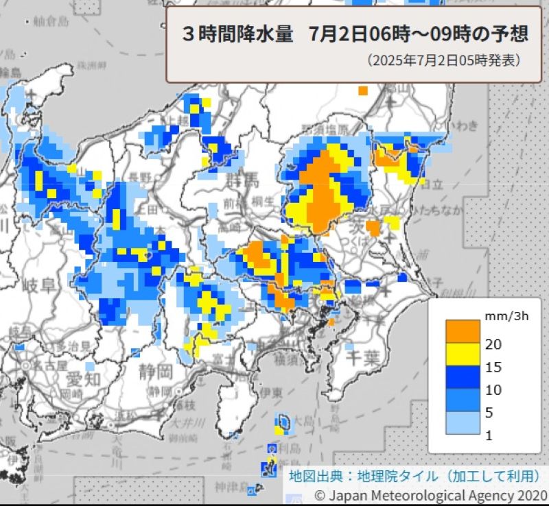 3時間降水量の予想（2日午前6時から同9時、気象庁HPから）