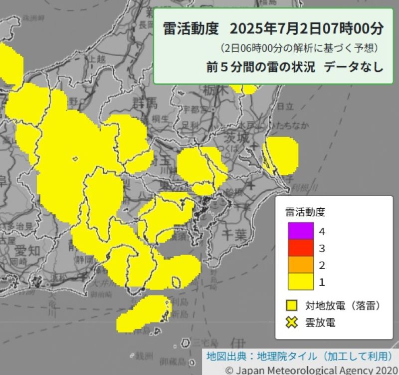 雷活動度（2日午前7時の予想、気象庁HPから）