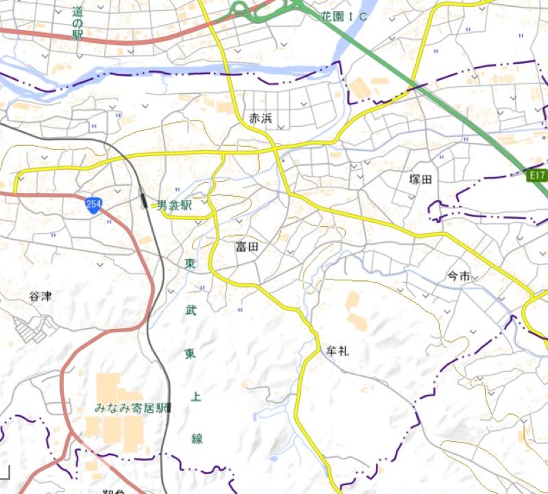 寄居町富田の位置（地図の中心付近）＝国土地理院HPから