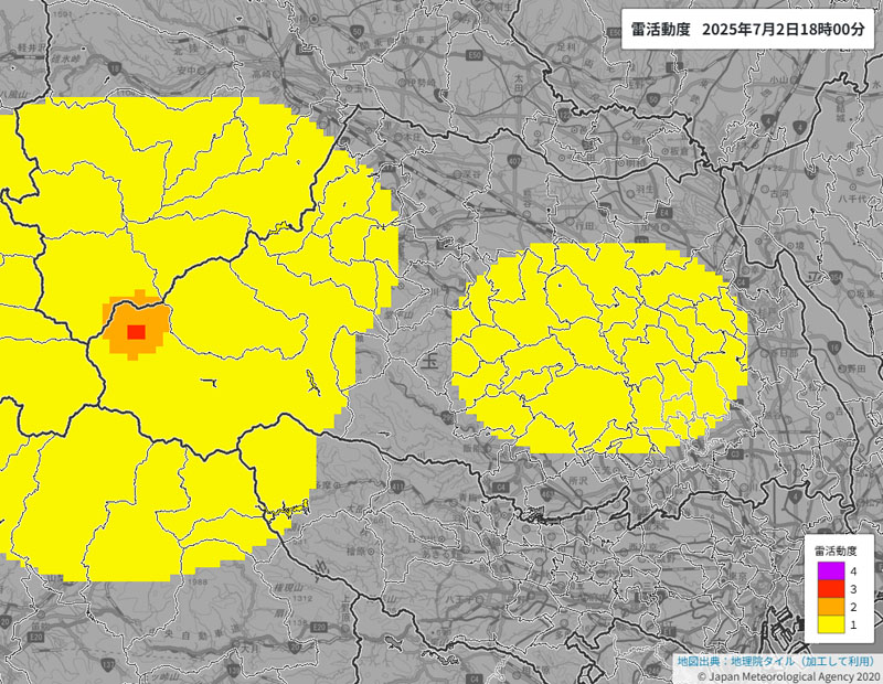 雷活動度、午後6時現在（気象庁HPより）