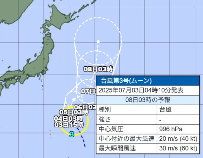 8日午前3時の台風3号の勢力の予想（気象庁HPから）