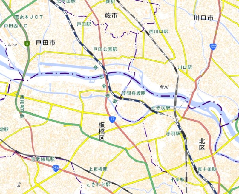 浮間舟渡駅の位置（地図の中心付近）＝国土地理院HPから