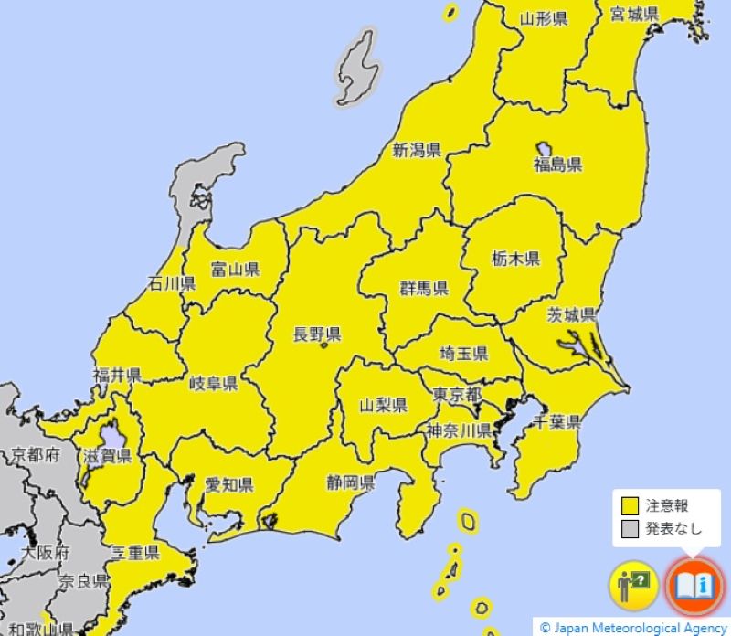 雷注意報が発表されているエリア（9日午前8時4分、気象庁HPから）
