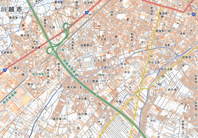 川越市中台の周辺（国土地理院HPより）