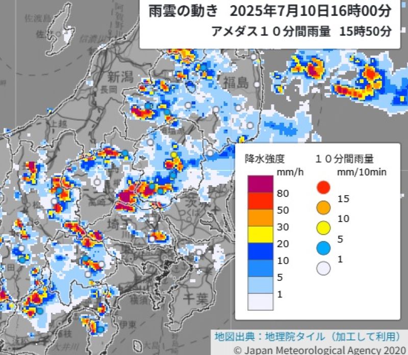 雨雲の動き（10日午後4時、気象庁HPから）