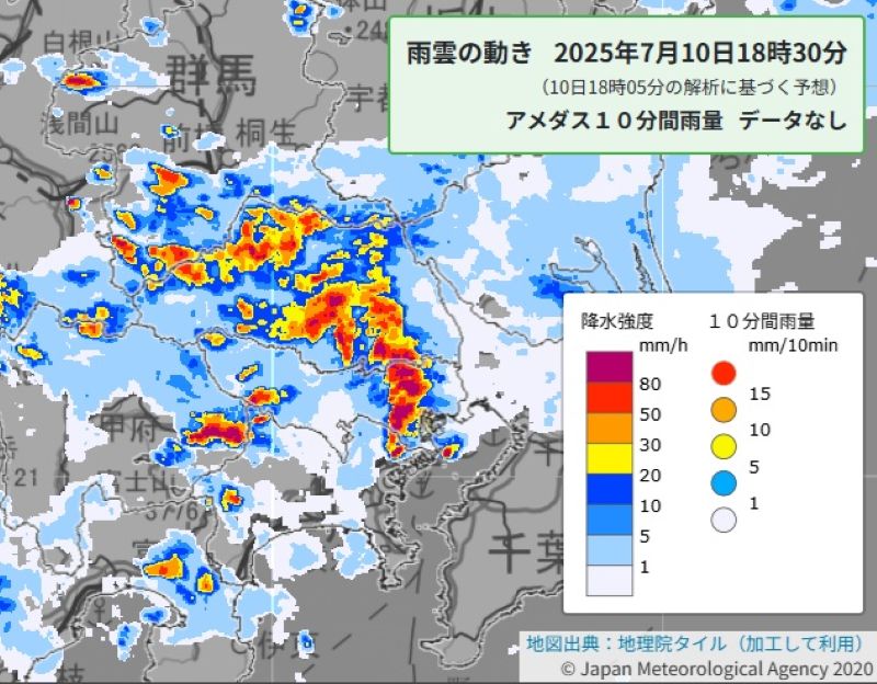 雨雲の動き（10日午後6時30分の予想、気象庁HPから）