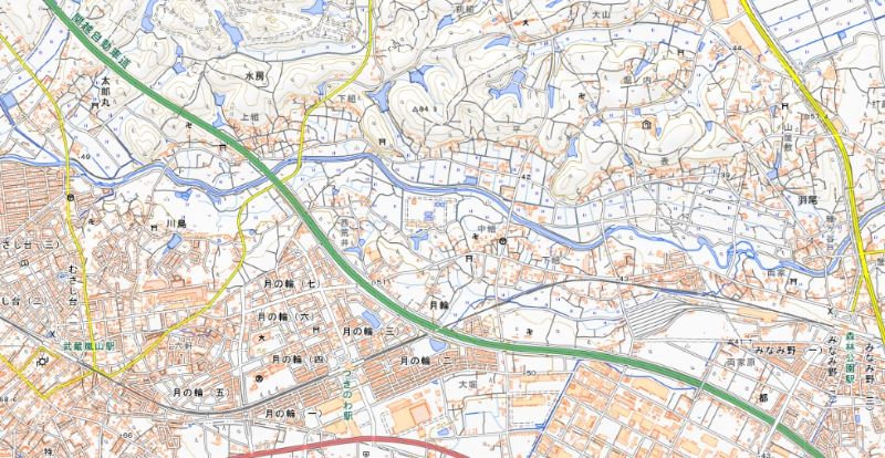 滑川町月輪、水房、月の輪7丁目、羽尾、都と嵐山町川島の周辺＝国土地理院HPから