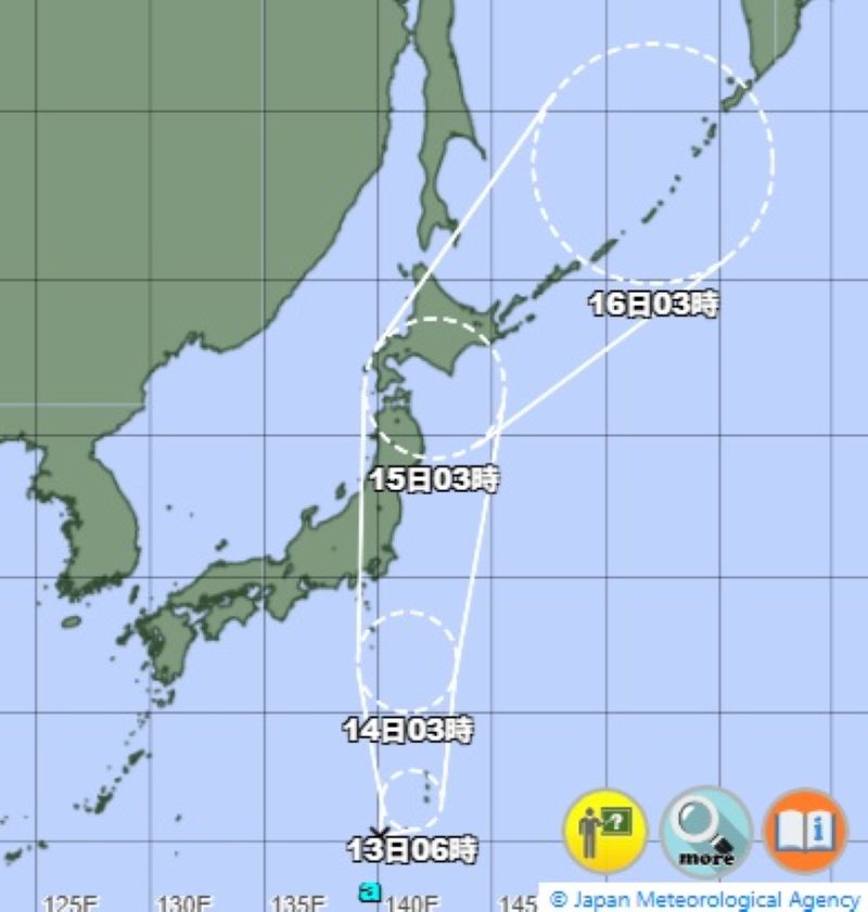 16日までの台風の進路予想（12日午前6時発表、気象庁HPから）