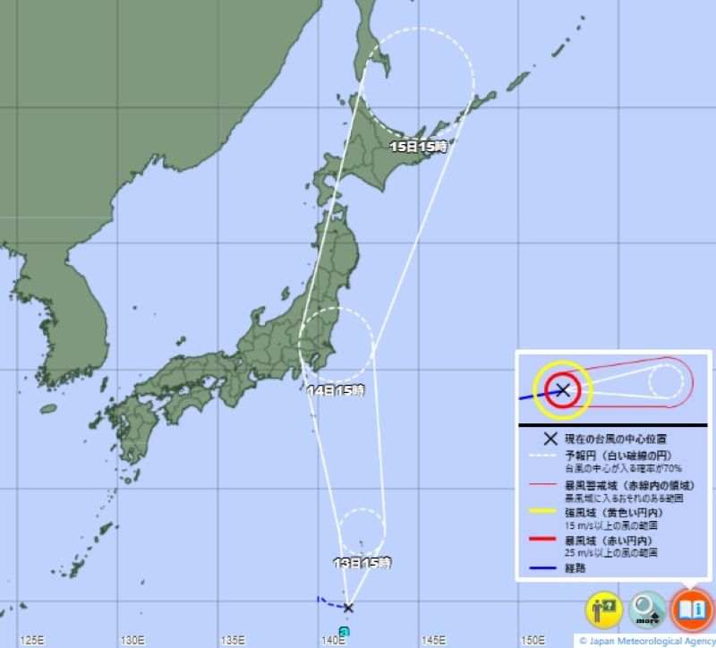 15日までの台風の進路予想（12日午後3時、気象庁HPから）