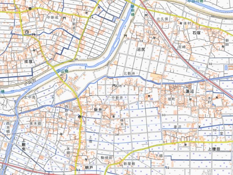 深谷市で停電が発生した地域の周辺（13日午前、国土地理院HPから）