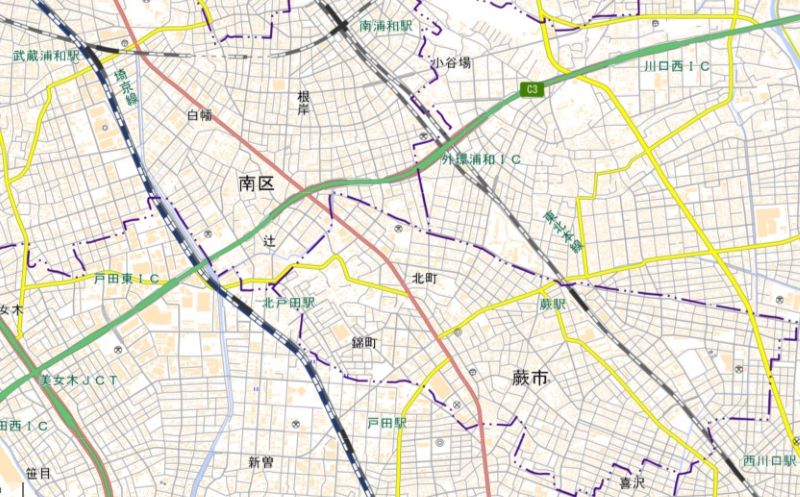 蕨市北町の位置（地図の中心付近）