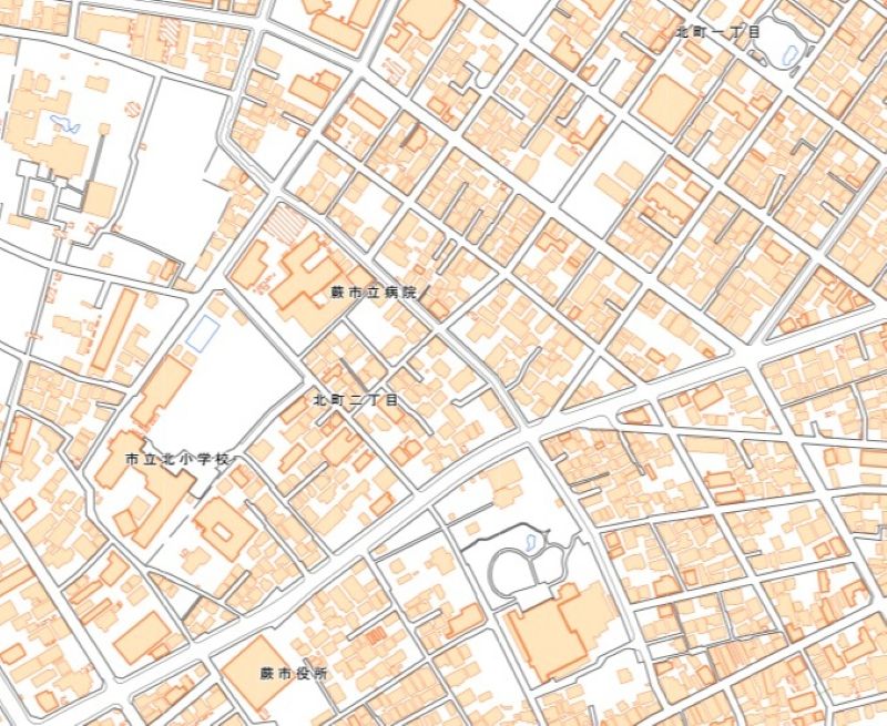 蕨市北町2丁目（地図の中心付近）、1丁目（地図の右上付近）の周辺図＝国土地理院HPから