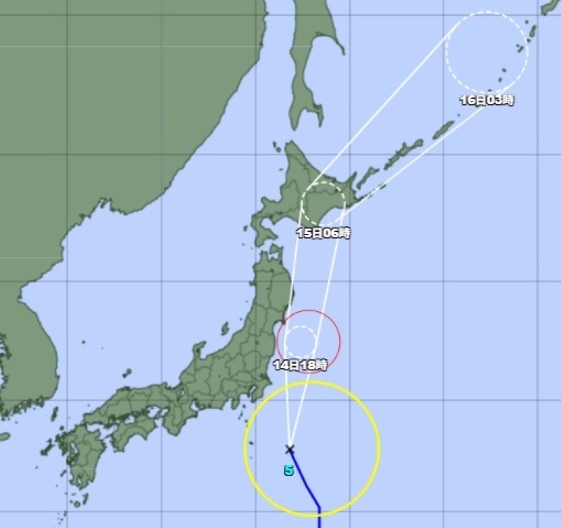 台風5号の進路予想（14日午前6時、気象庁HPから