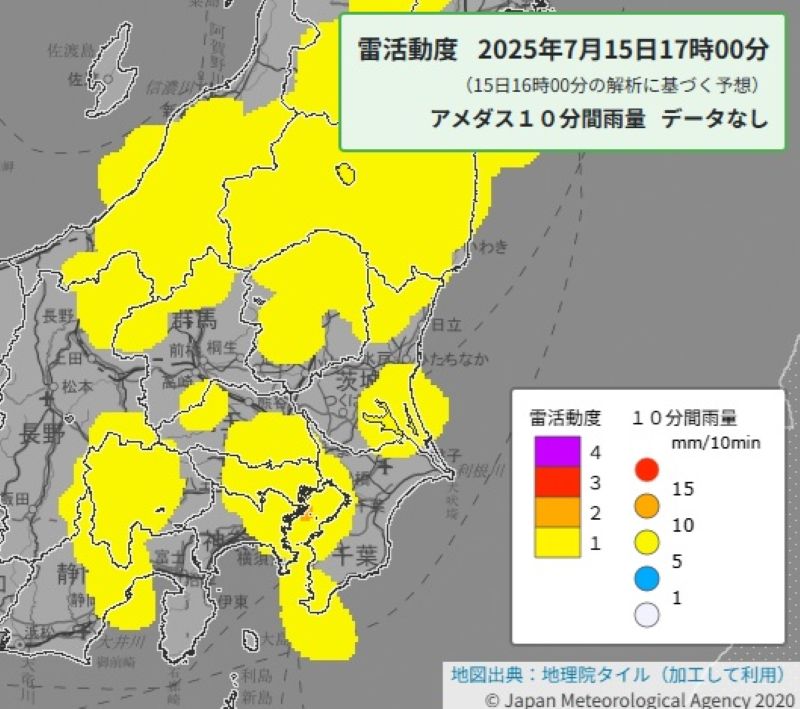 雷活動度（15日午後5時の予想、気象庁HPから）