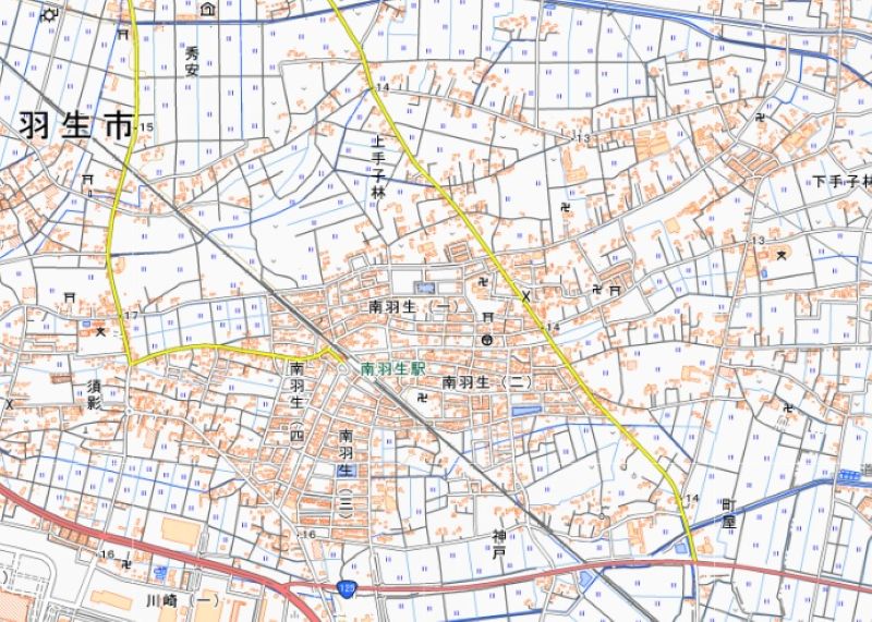 羽生市南羽生1丁目の位置（図の中心付近）＝国土地理院HPから
