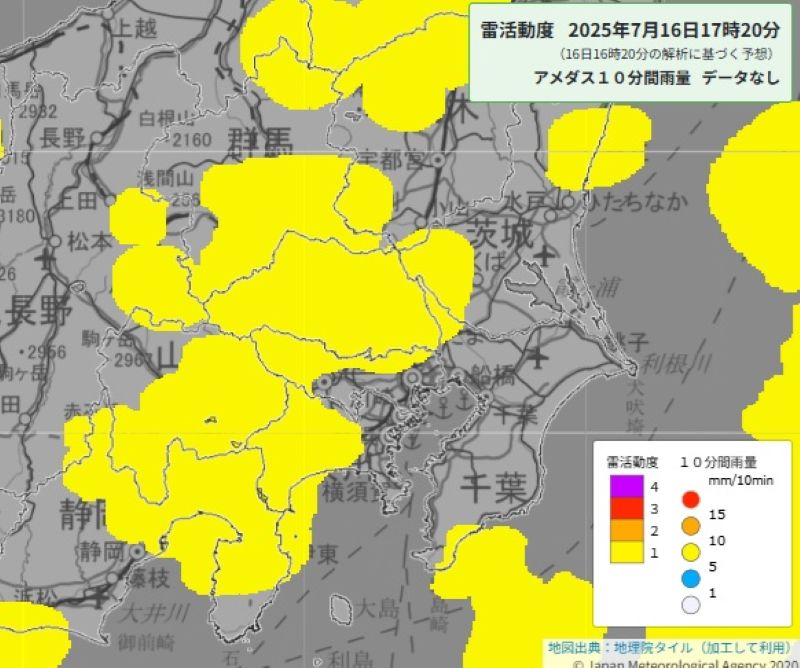 雷活動度（16日午後5時20分の予想、気象庁HPから）