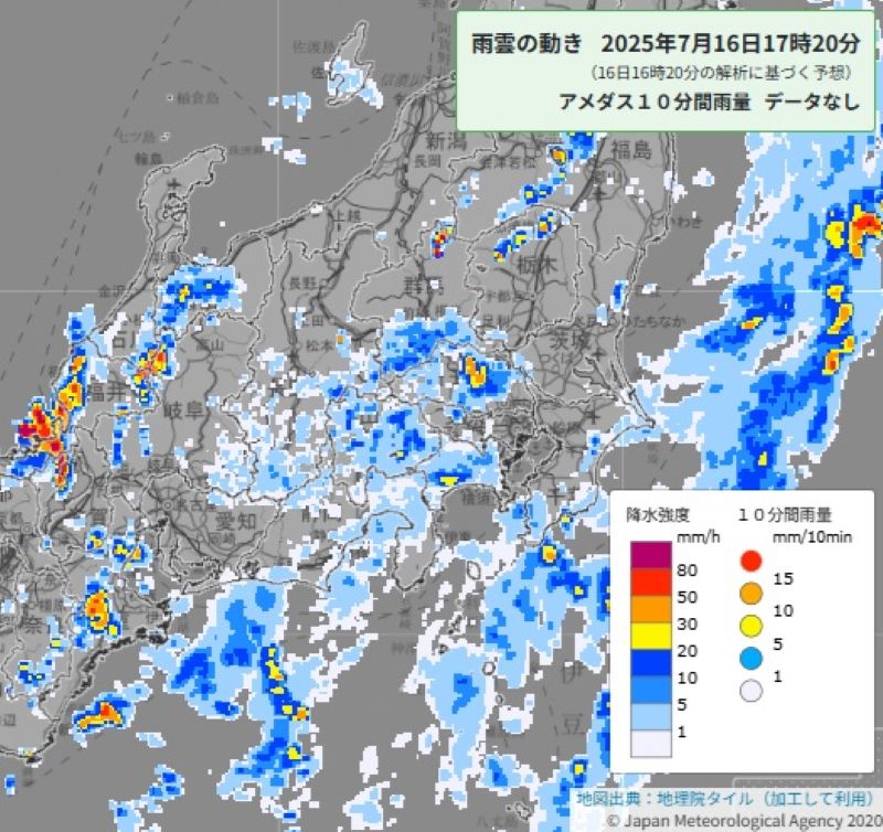 雨雲の動き（16日午後5時20分の予想、気象庁HPから）