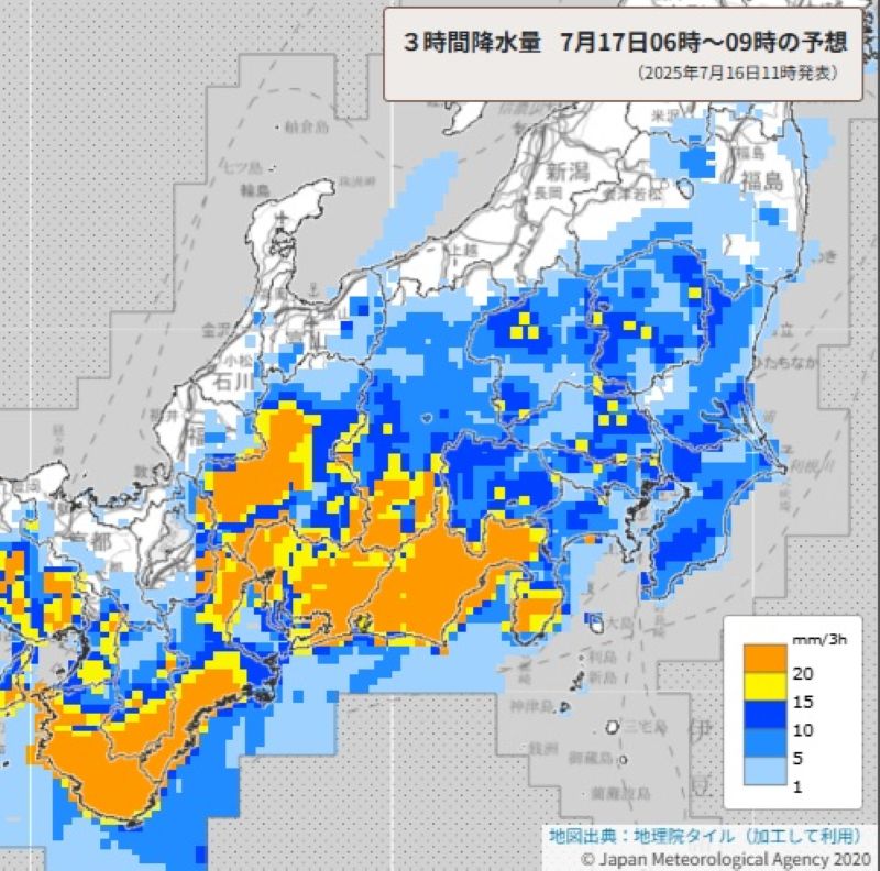 あす朝の3時間降水量（17日午前6時から同9時の予想、気象庁HPから）
