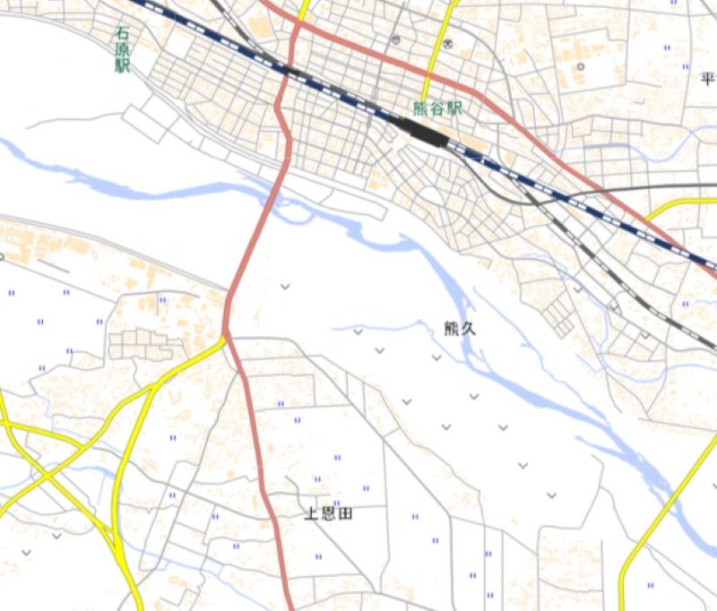 熊谷市上恩田の位置（地図の下部）＝国土地理院HPから
