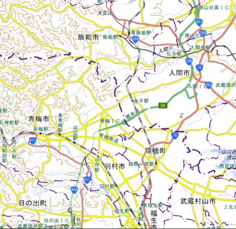 青梅ICの位置（図の中心付近）＝国土地理院HPから