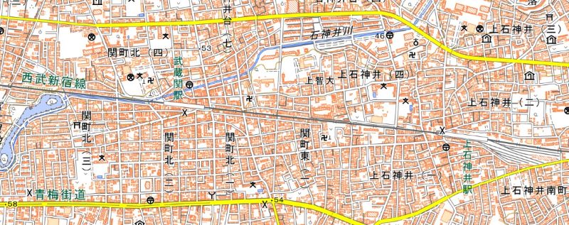 上石神井―武蔵関駅間の周辺図（国土地理院HPから）