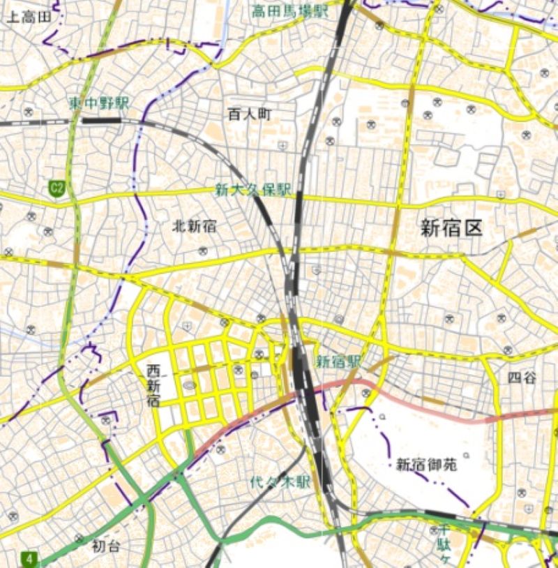 新大久保―新宿駅間の周辺図（国土地理院HPから）