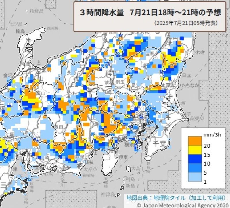 今夜の3時間降水量の予想（21日午後6時から同9時、気象庁HPから）