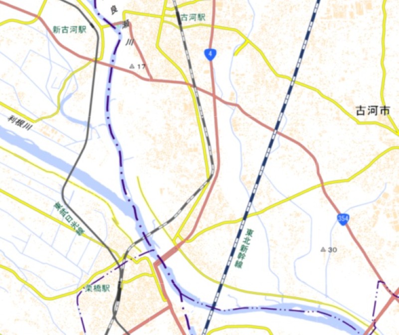 栗橋―古河駅間の周辺図＝国土地理院HPから