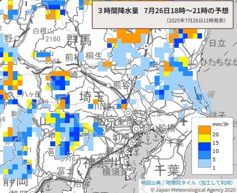 今夜の雨の予想図（3時間降水量、26日午後6時から同9時の予想）＝気象庁の午前11時発表HPから