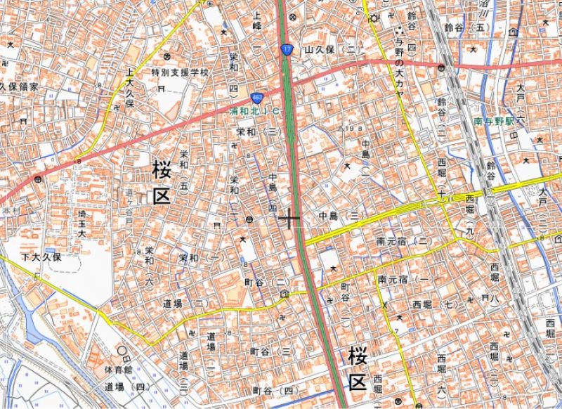 資さんうどん浦和中島店のオープン予定位置（地図の中心付近）＝国土地理院HPから