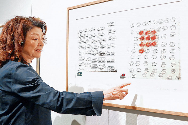 性別の違いを題材にカミソリを男女に色分けて描いたデビュー作について語る山本容子さん＝さいたま市浦和区の県立近代美術館1階展示室