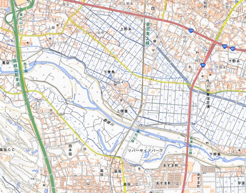 東松山市上押垂の位置（地図の中心付近）＝国土地理院HPから