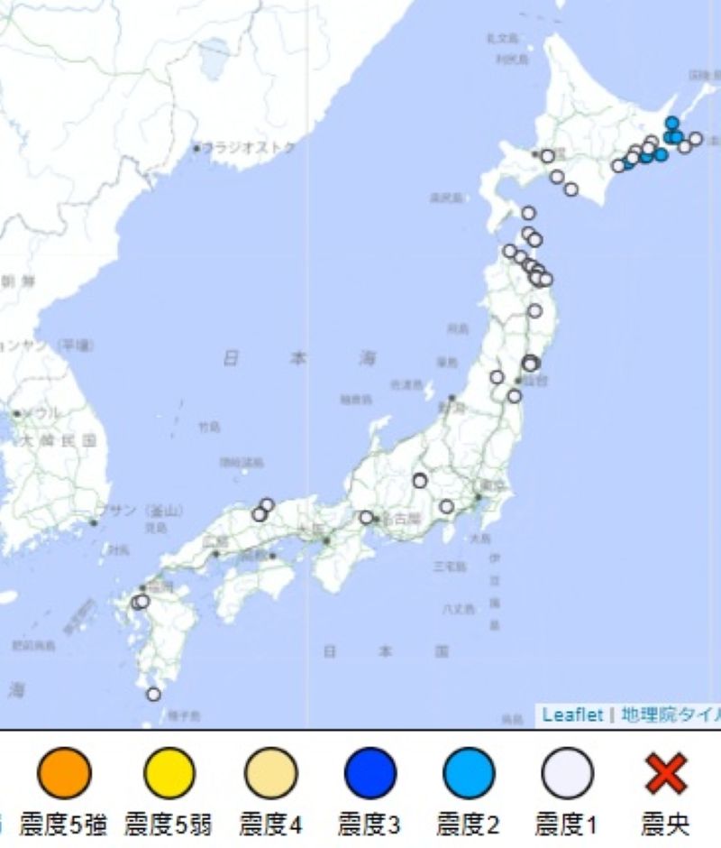 国内各地の震度（30日午前8時25分、気象庁HPから）