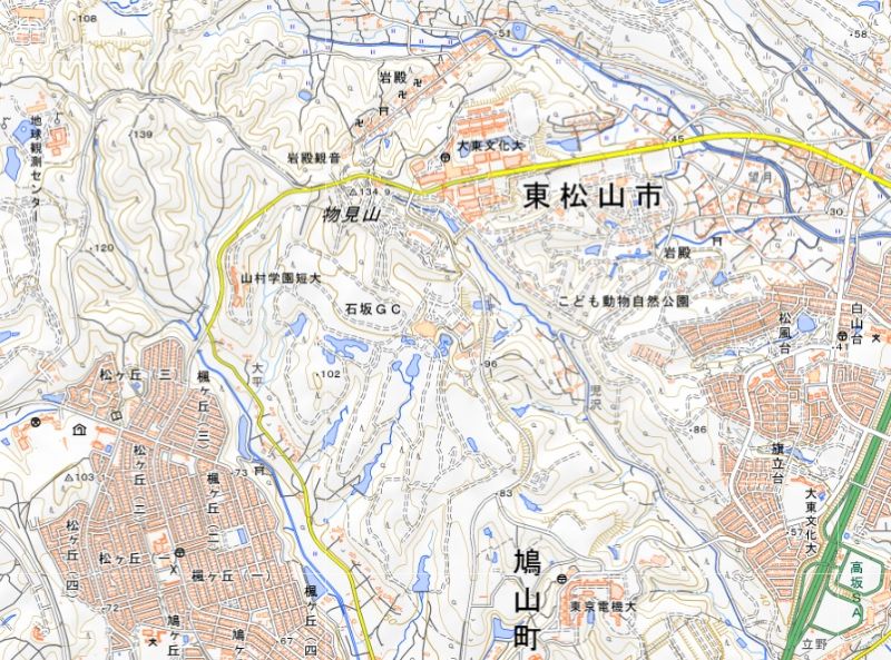 鳩山町松ヶ丘3丁目、東松山市岩殿の位置（図の左側上部付近）＝国土地理院HPから