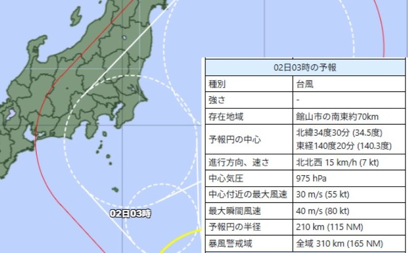 2日午前3時の台風9号の位置と勢力の予想＝31日午前6時、気象庁HPから