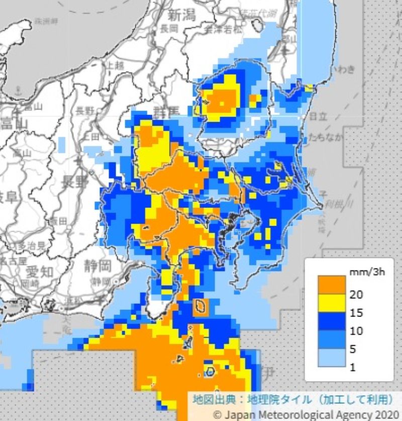 あす夜の雨の予想（1日午後9時から2日午前0時までの3時間降水量予想、気象庁HPから）