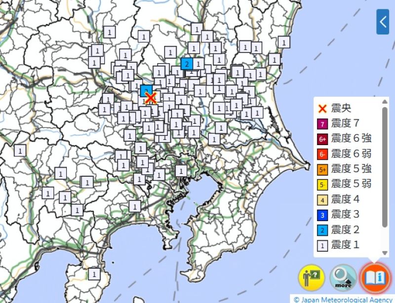各地の震度（1日午後10時58分、気象庁HPから）