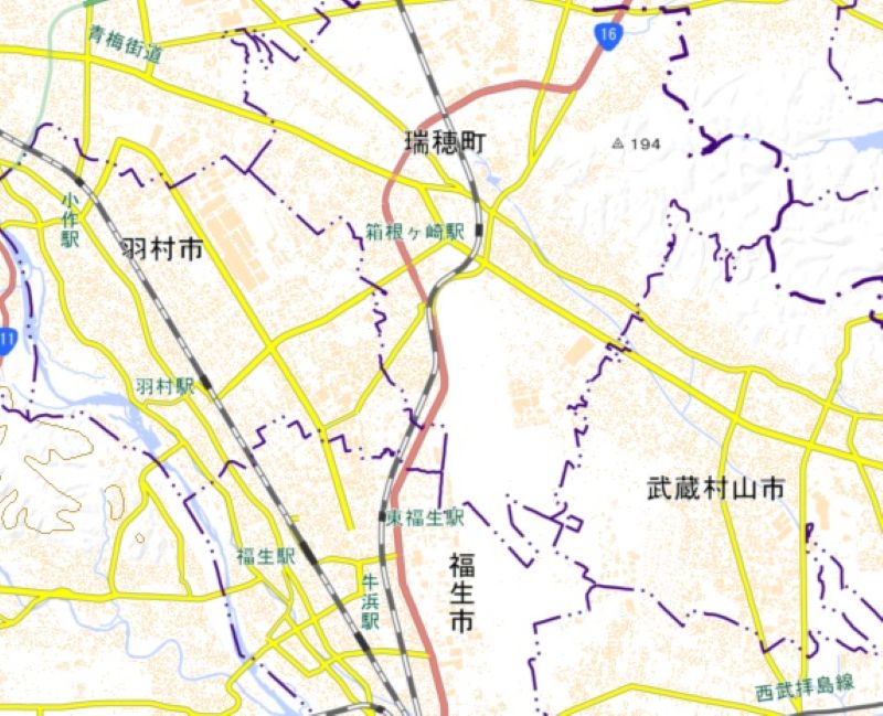 箱根ケ崎―東福生駅間の周辺図（国土地理院HPから）