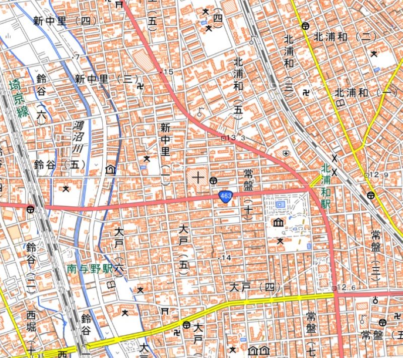 イオン北浦和店の位置（地図の中心付近）＝国土地理院HPから