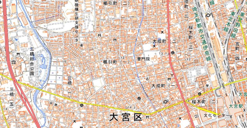 さいたま市大宮区櫛引町1丁目の位置（地図の中心付近）＝国土地理院HPから