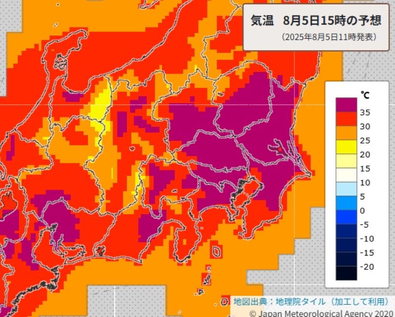 5日午後3時の気温予想（気象庁午前11時発表、HPより）