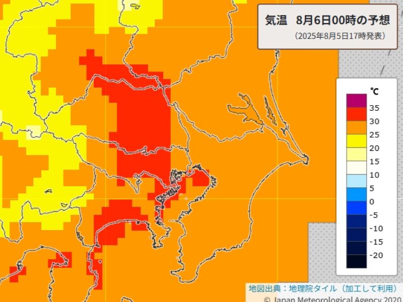 6日午前0時の気温予想（気象庁HPから）