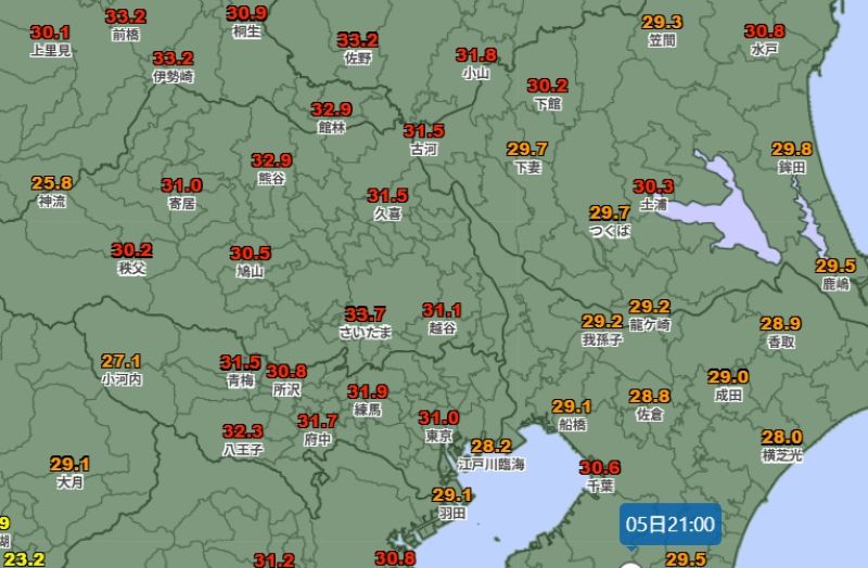 5日午後9時の気温（気象庁アメダス、HPから）