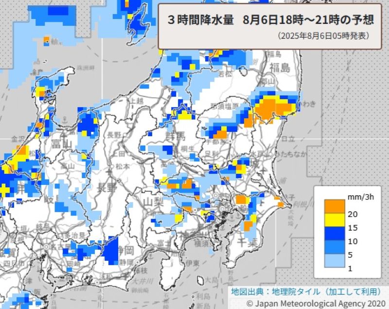 今夜の雨の予想図（3時間降水量、6日午後6時から同9時の予想）＝気象庁HPから