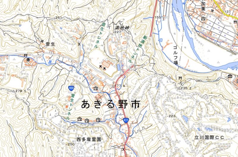 菅生トンネル付近の位置（地図の中心付近）＝国土地理院HPから
