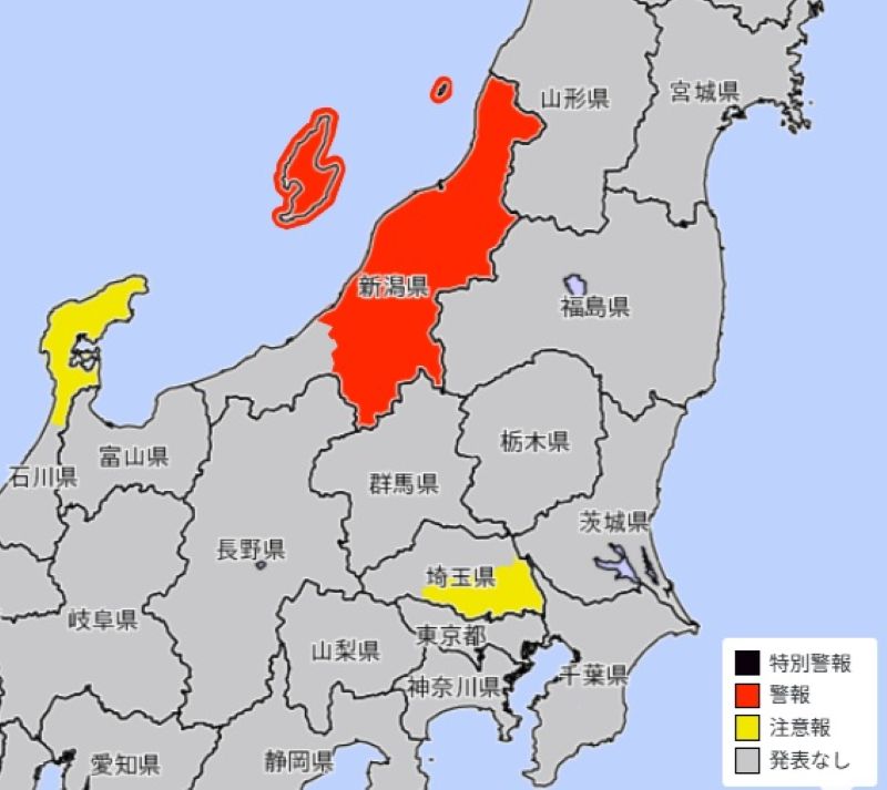 大雨警報・注意報が発表されているエリア（6日午後1時43分、気象庁HPから）