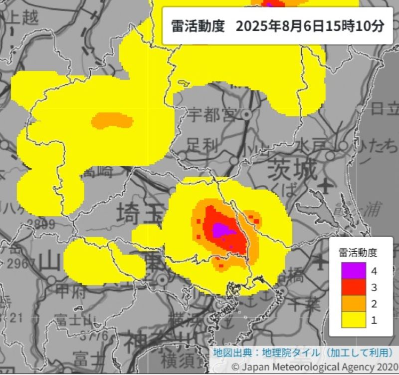 雷活動度（6日午後3時10分、気象庁HPから）