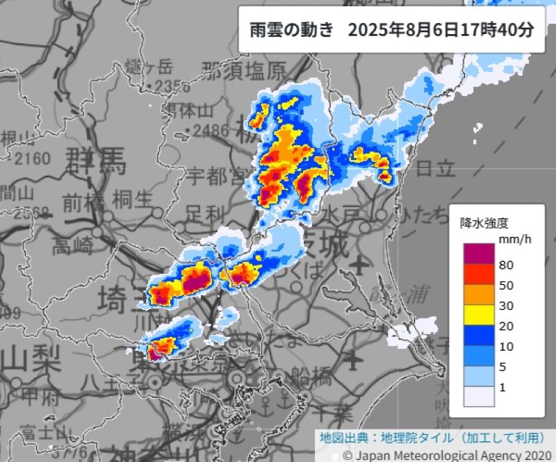 雨雲の動き（6日午後5時40分、気象庁HPから）